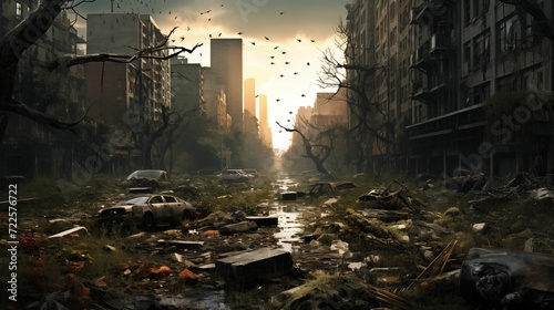 A post-apocalyptic city with ruined skyscrapers, ruins. photo