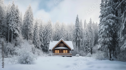 A wooden hut in a snowy forest.