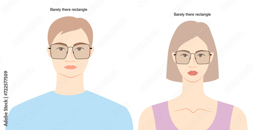 Barely there rectangle frame glasses on women and men flat character fashion accessory illustration. Sunglass front view unisex silhouette style, rim spectacles eyeglasses, lens sketch style outline