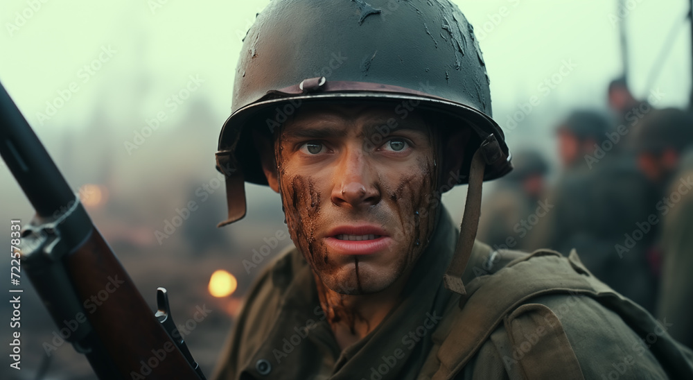 Cinematic of World War II soldiers. Military operation and War Concept. Generative Ai.