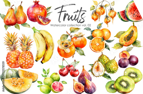 Fototapeta Naklejka Na Ścianę i Meble -  Watercolor fruits collection. Hand drawn vector fresh food elements isolated on white background