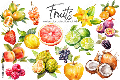 Watercolor fruits collection. Hand drawn vector fresh food elements isolated on white background