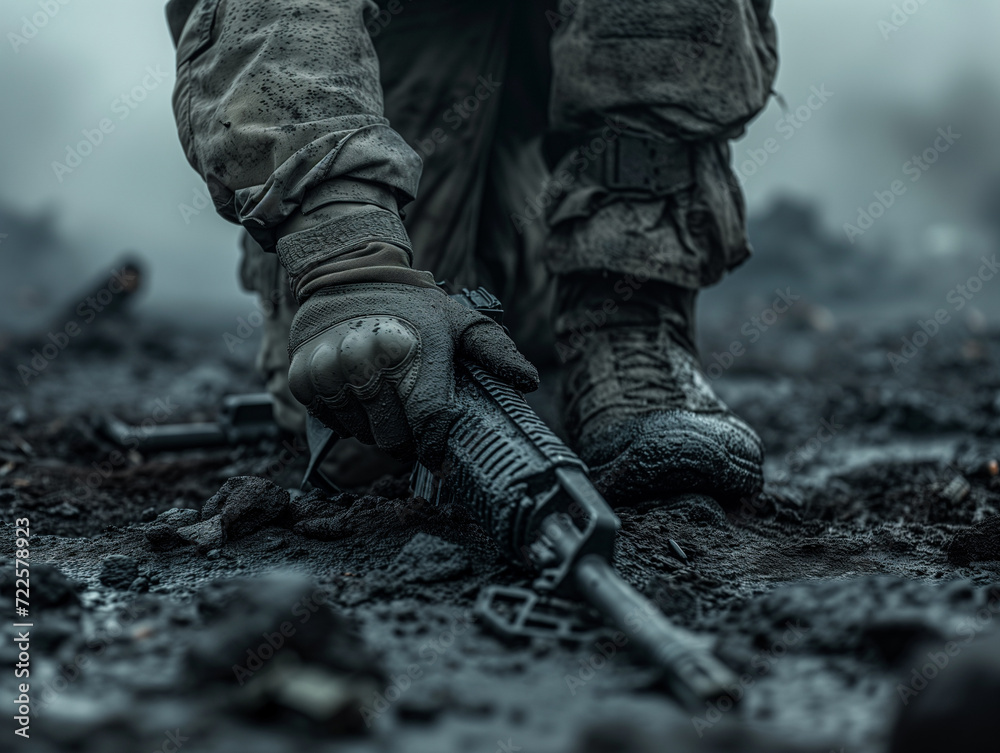 Naklejka premium Kneeling soldier with rifle in muddy terrain