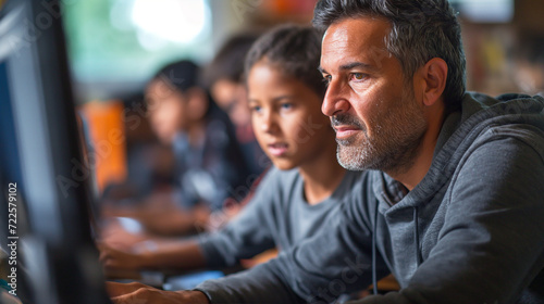 Man and Boy Sitting in Front of a Computer, Engaged in Online Learning