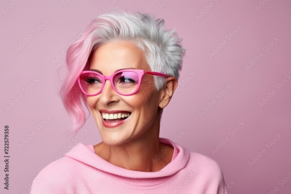Portrait of a happy senior woman with pink hair and eyeglasses