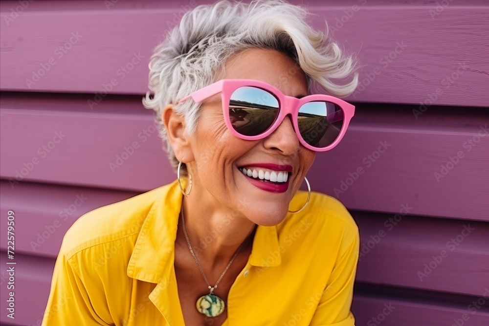 Portrait of a happy senior woman wearing sunglasses and smiling against purple background Portrait of a happy senior woman wearing sunglasses and smiling against purple background