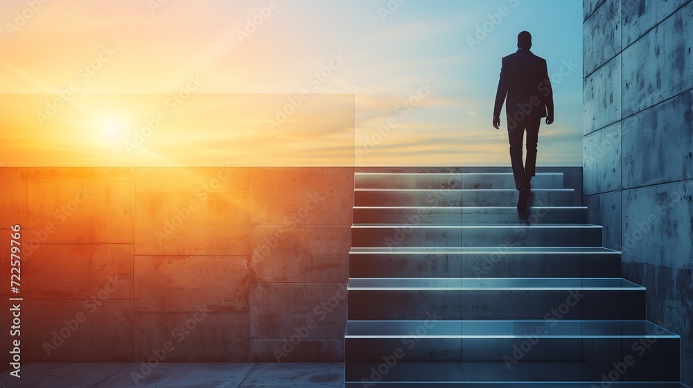 Ascending to success  person climbing glass stairs towards the boundless blue sky