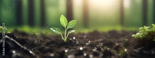 A green sprout makes its way through the ground against the backdrop of the forest. The concept of renewal of nature and the world. A tree sprout grew from the ground in the forest.