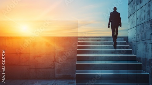 Ascending to success  person climbing glass stairs towards the boundless blue sky © Ilja