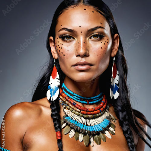 Bold and Beautiful - Portrait of a Native American supermodel with high-fashion allure and distinctive features Gen AI photo