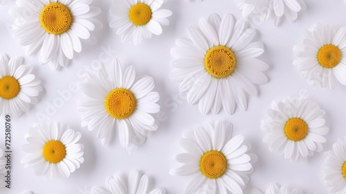 White daisy petals scattered on simple white background   aesthetic top view flat lay