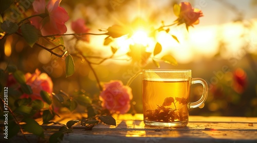 Warm Tea Glow with Sunset and Blooming Rose Backdrop