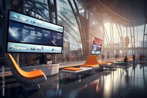 Innovatively designed railway station interior with a focus on functionality, featuring digital information displays and comfortable seating areas