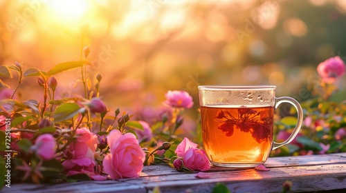 Warm Tea Glow with Sunset and Blooming Rose Backdrop