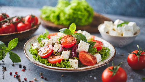 Greek salad with ripe tomatoes and creamy feta cheese, showcasing the essence of Mediterranean cuisine in a colorful and appetizing composition
