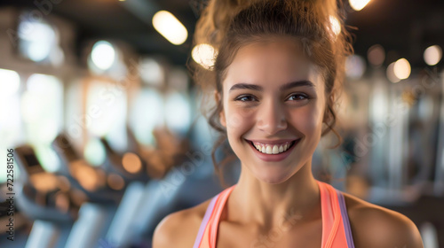 A joyful young female athlete poses for the camera, displaying confidence and determination, amidst gym equipment in the background.
