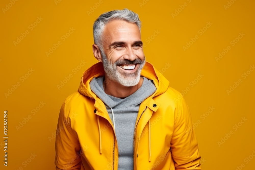 smiling senior man in yellow jacket and hoodie over yellow background