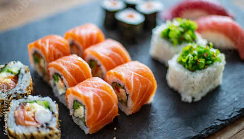 sushi set, featuring assorted sashimi and sushi rolls elegantly arranged on a sleek stone slate, epitomizing culinary artistry and Japanese gastronomic delight