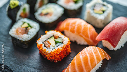 sushi set, featuring assorted sashimi and sushi rolls elegantly arranged on a sleek stone slate, epitomizing culinary artistry and Japanese gastronomic delight
