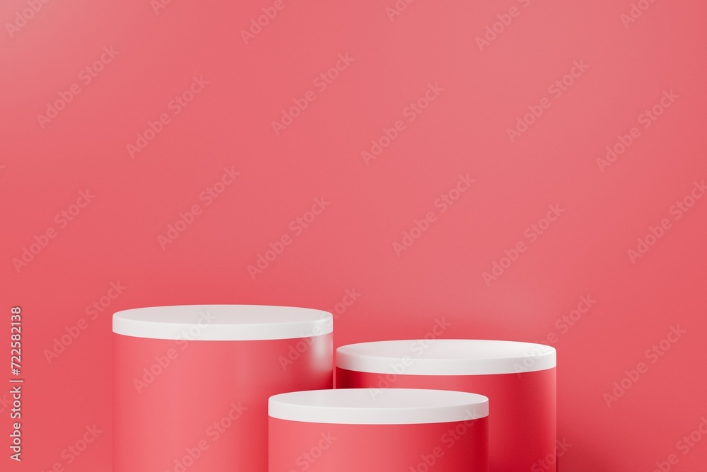 3D Minimal red and white cylinder pedestal podium for products showcase. Valentine minimal scene for products showcase, Promotion display. Abstract studio room platform. 3d rendering.