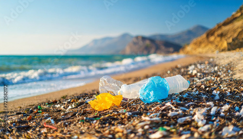 Sunny beach view marred by plastic waste, waves depositing debris on the shore, highlighting environmental impact and urgent need for conservation