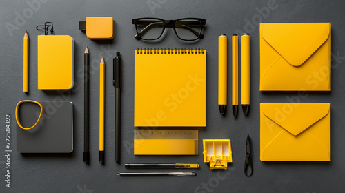 Yellow Stationery Set With Glasses on Desk photo