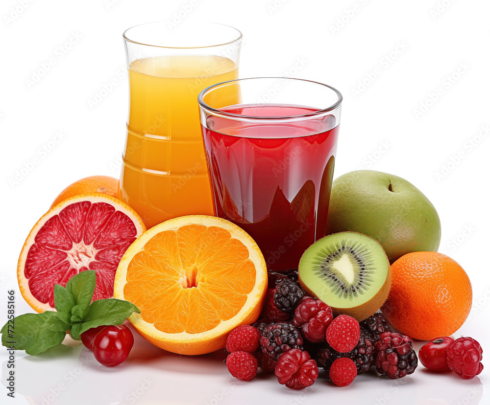 A tall glass of refreshing red fruit juice, adorned with a striped straw, surrounded by an assortment of fresh, colorful fruits on a white background.