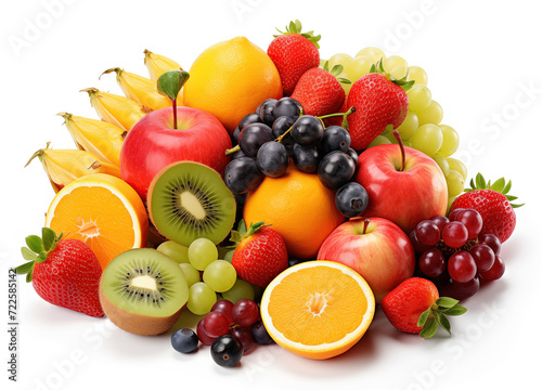 A vibrant and colorful assortment of fresh fruits including strawberries, oranges, apples, raspberries, and blueberries, isolated on a clean white background.