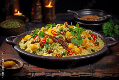 A beautifully presented dish of couscous, garnished with colorful vegetables, spices, and herbs, served in a rustic setting.
