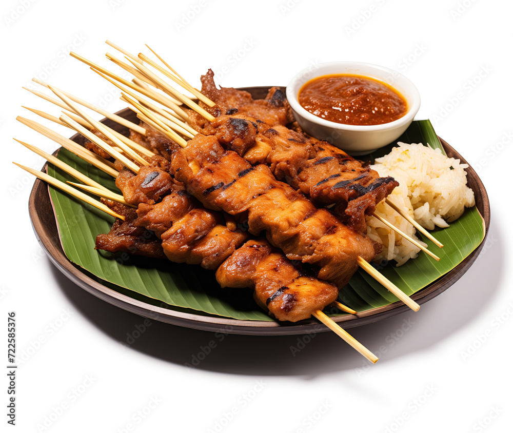 Delicious grilled chicken satay skewers served with peanut sauce and rice, presented on a banana leaf.