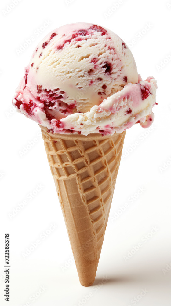 A close-up image capturing a scoop of delicious raspberry ripple ice cream, with swirls of red syrup, perched on a crispy waffle cone. A close-up image capturing a scoop of delicious raspberry ripple ice cream, with swirls of red syrup, perched on a crispy waffle cone.