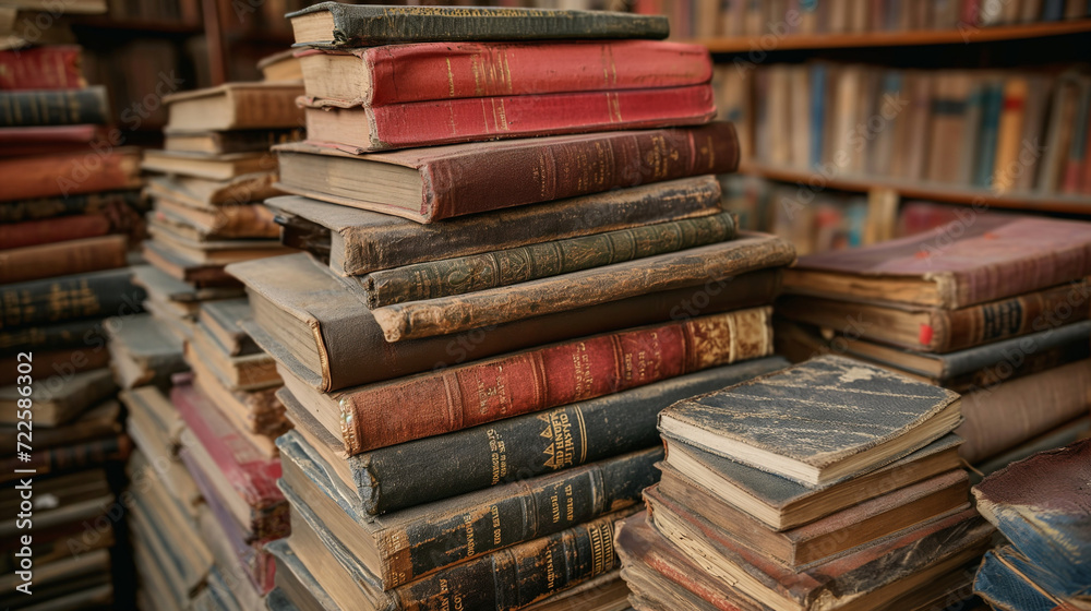 Pile of Antique Books on Library Shelf