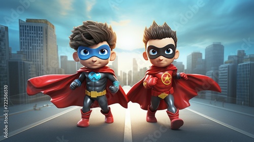 Two 3D cartoon kids donning superhero costumes and showcasing their superpowers.