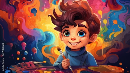 A vector cartoon kid with a paintbrush, creating a colorful masterpiece.