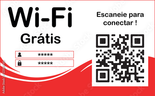 Wi-Fi Grátis com QR Code. Arte retangular de cor branca com detalhes em vermelho e preto. Contém Espaço para QR Code escaneável.