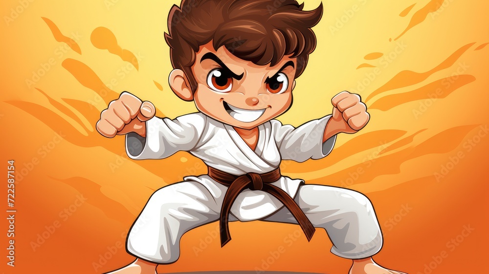 A vector cartoon kid in a karate uniform, practicing martial arts.