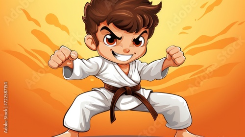 A vector cartoon kid in a karate uniform, practicing martial arts. photo
