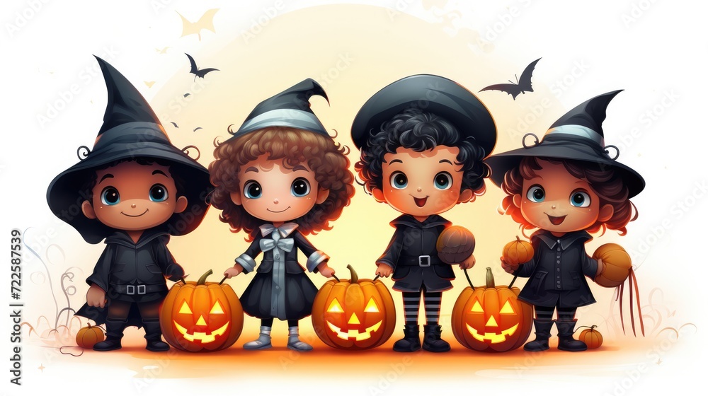 A group of vector cartoon kids in Halloween costumes, trick-or-treating. A group of vector cartoon kids in Halloween costumes, trick-or-treating.