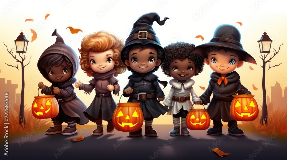 A group of vector cartoon kids in Halloween costumes, trick-or-treating.
A group of vector cartoon kids in Halloween costumes, trick-or-treating.