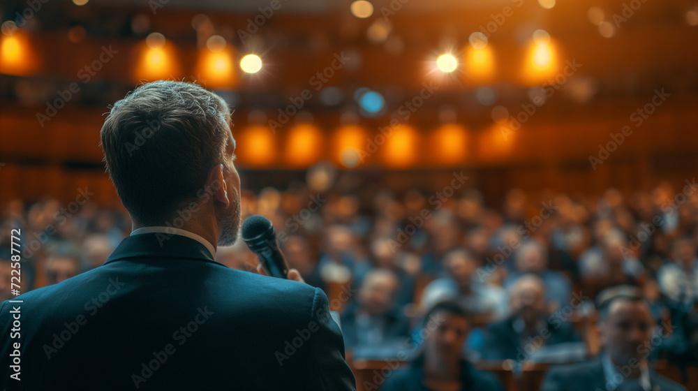 Man Speaking Into Microphone in Front of Audience at Conference Man Speaking Into Microphone in Front of Audience at Conference