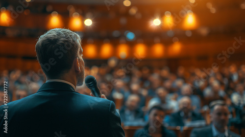 Man Speaking Into Microphone in Front of Audience at Conference