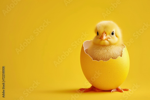 Tiny yellow chick peering out from cracked egg on yellow backdrop. Easter concept