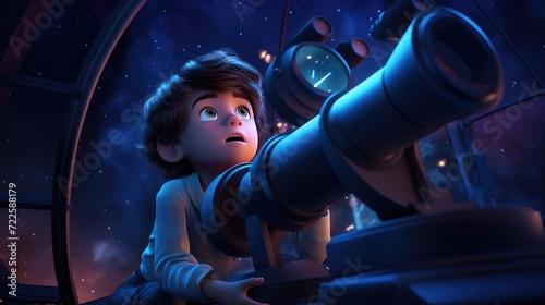 A 3D cartoon kid peering through a colossal telescope at the vast night sky. photo