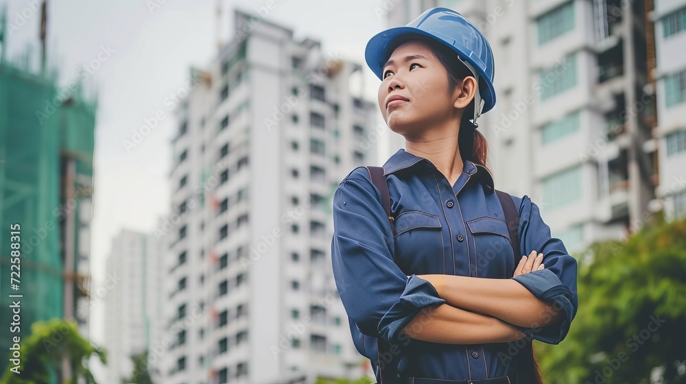 Confident female builder in uniform and helmet smiling on labor day with text space Confident female builder in uniform and helmet smiling on labor day with text space