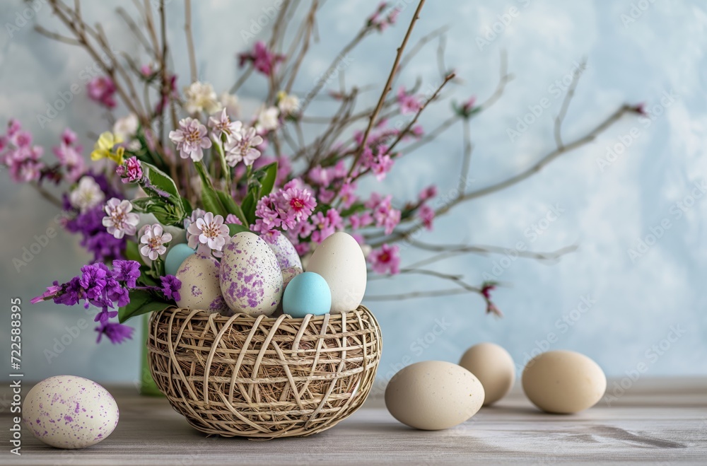 Easter celebration with eggs and flowers