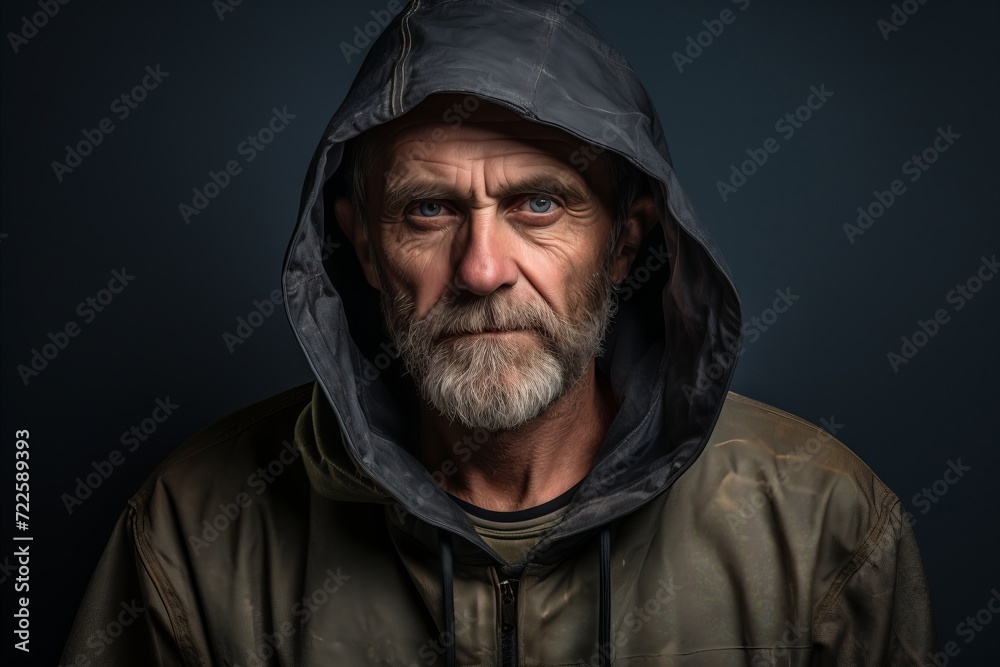 Portrait of an old man with a gray beard and mustache in a hood on a dark background