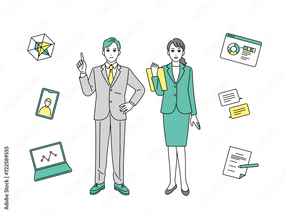 働く会社員の全身イラストとマーケティングアイコン素材セット 働く会社員の全身イラストとマーケティングアイコン素材セット