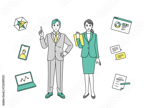 働く会社員の全身イラストとマーケティングアイコン素材セット