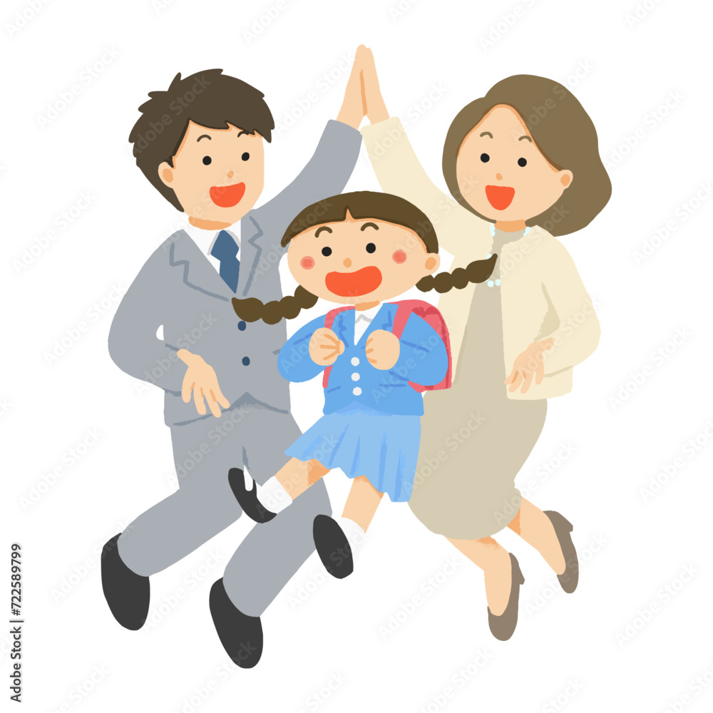 入学を祝う女の子と両親（家族）のイラスト
