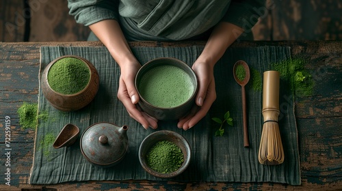 A serene moment of preparing and enjoying matcha. Green tea bud powder highlighting the greenery and traditional utensils. Matcha moment concept. photo